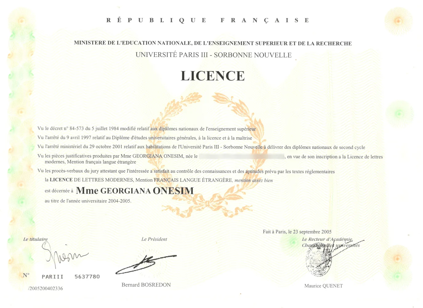 Georgiana’s Modern Literature licence diploma, specialising in French as a Foreign Language